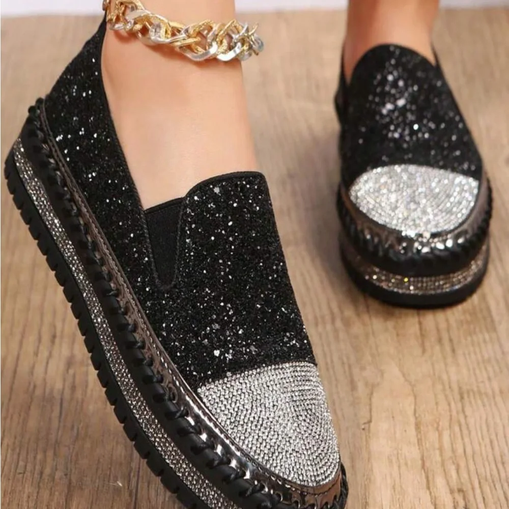 European And American Style Simple Slip-on Loafers With Sparkly Rhinestone